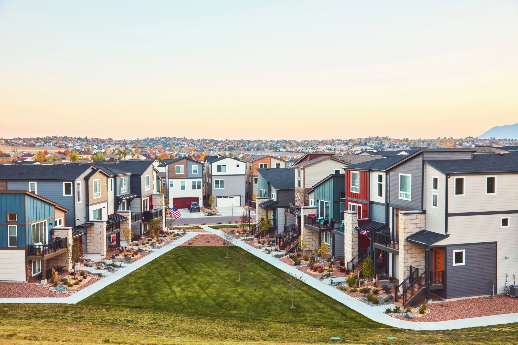 Modern homes in a western residential community at sunrise