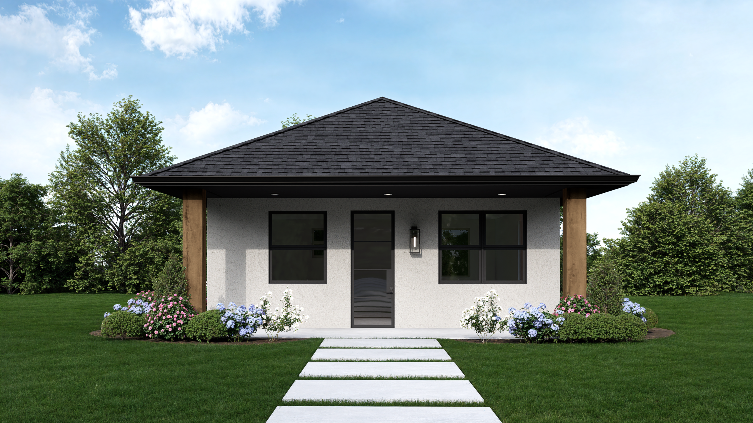 Detached 748 sq ft ADU exterior rendering at Brady Estates