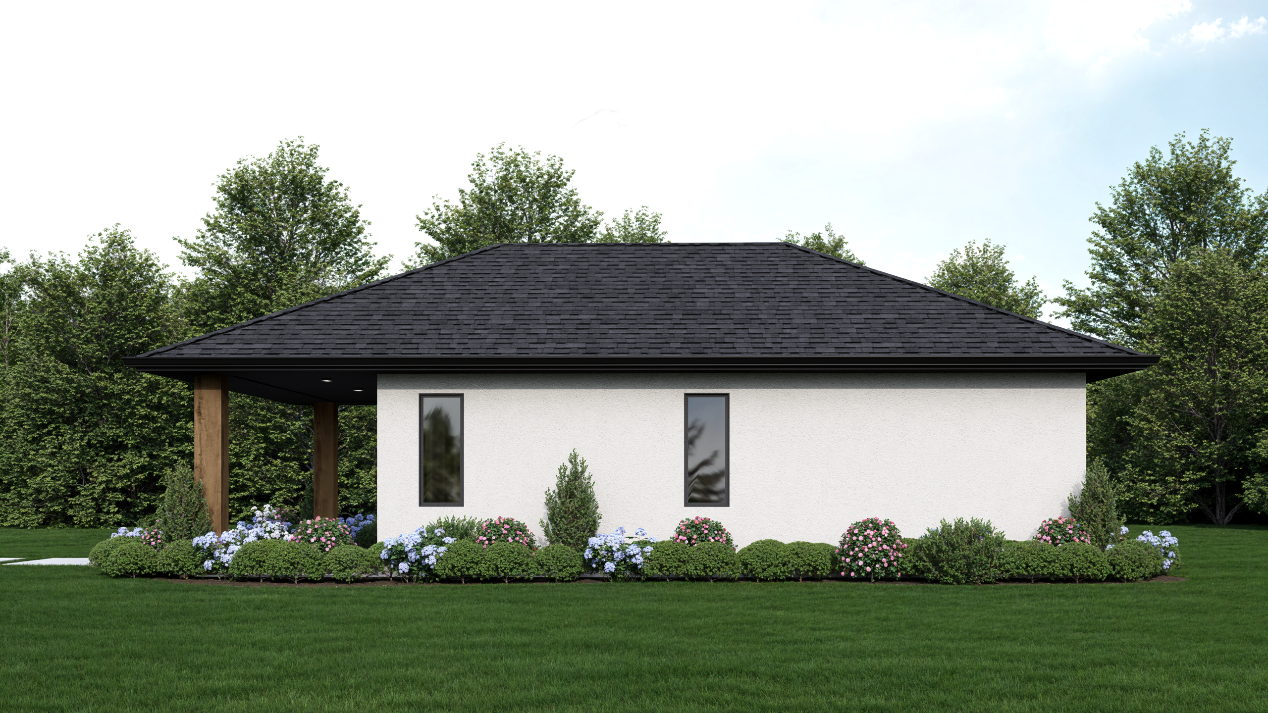 Detached 748 sq ft ADU rendering showing entry and architectural details