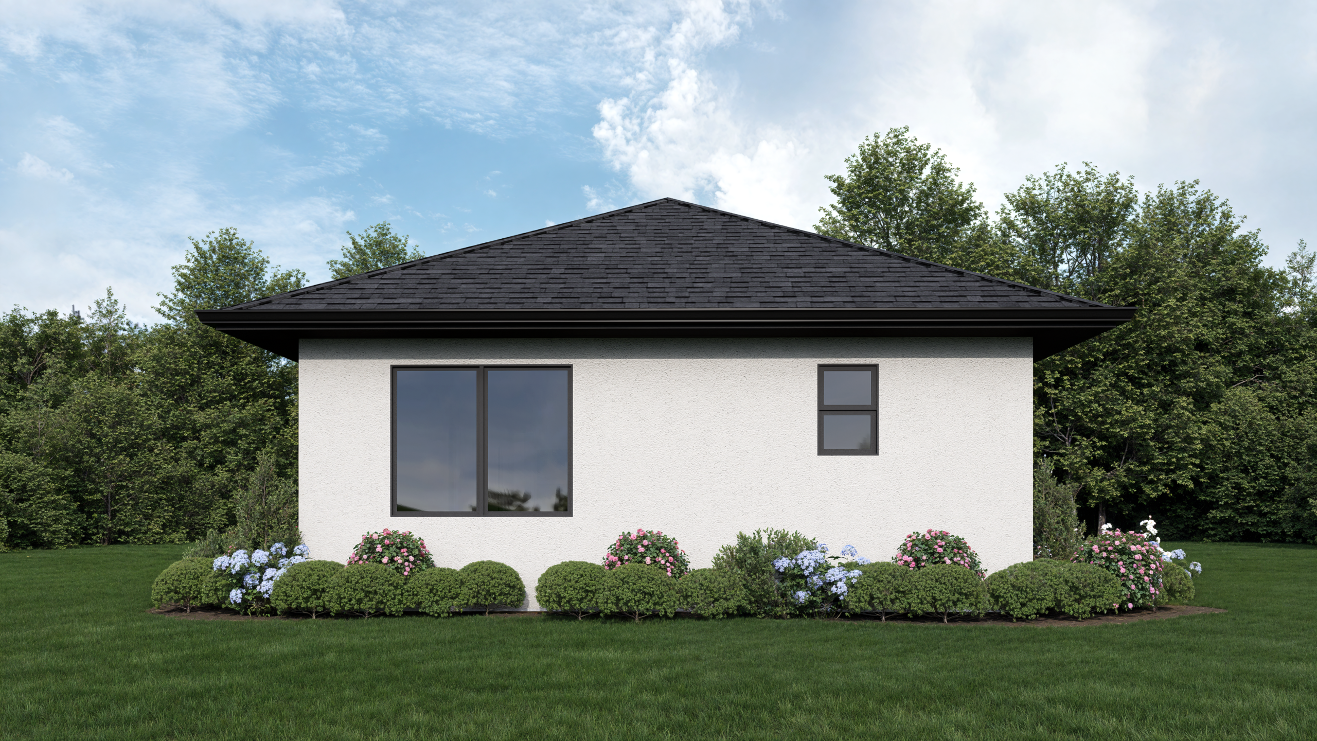 Detached 748 sq ft ADU front exterior rendering with modern farmhouse detailing