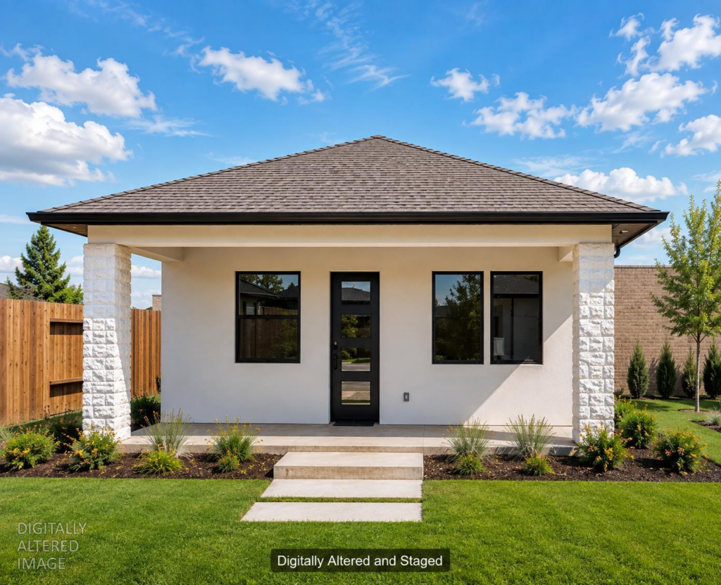Detached 748 sq ft ADU exterior at Brady Estates in Roseville, CA — digitally altered and staged